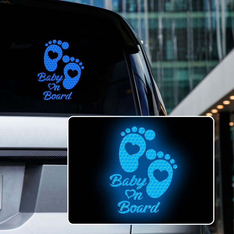 Iprokiu High Intensity Reflective Baby on Board Car Sticker Waterproof Cute Footprint Baby in Car Decal Safety Warning Sign Kids on Board Decal for Car Bumper Window (Blue)